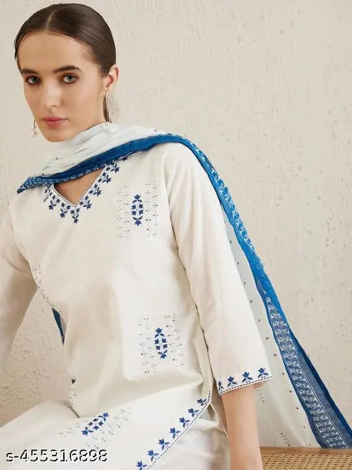 🌸 Ethnic Motifs Embroidered Cotton Kurta Set with Dupatta