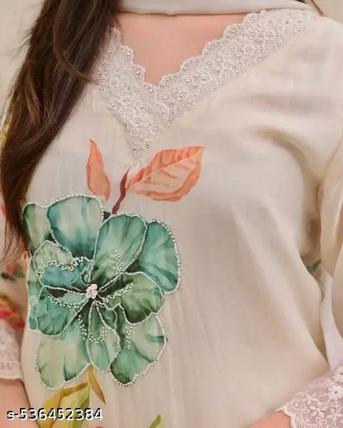 🌸 Handwork Floral Kurti Pant & Dupatta – Pakistani Suit Style