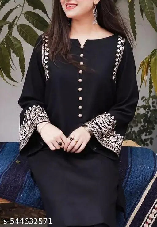 ✨ Grace in Every Thread – Ethnic Motif Embroidered Rayon Kurta & Plazo Set