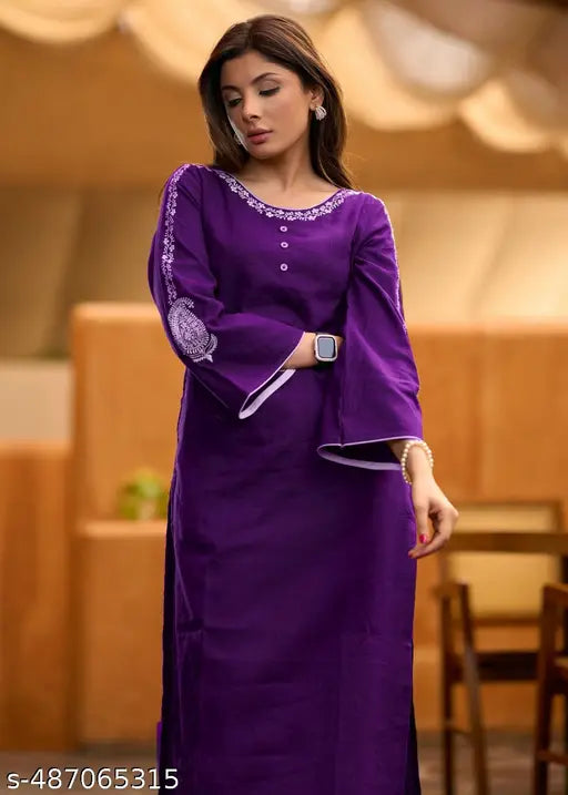 🌟 Elegant in Every Stitch – Embroidered Rayon Kurta Set with Bell Sleeves
