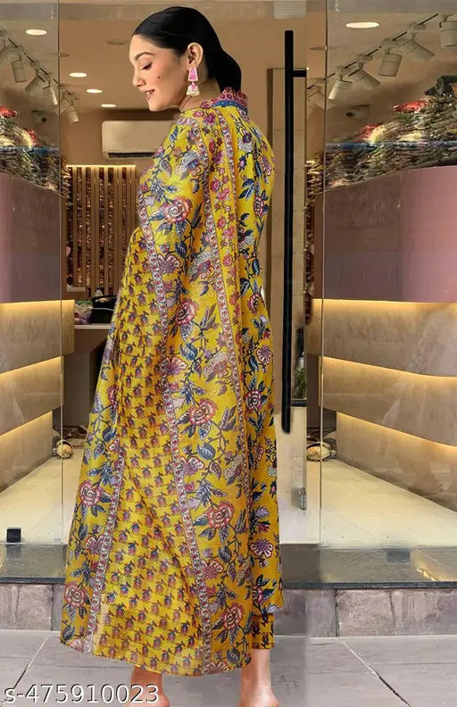 🌼 Sunshine Grace – Yellow Cotton Printed Kurta Set with Plazo & Dupatta