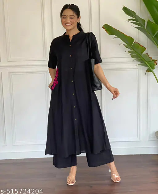 🏷️ Effortless Style – Cotton Kurta Set with Embroidered Pocket & Palazzo