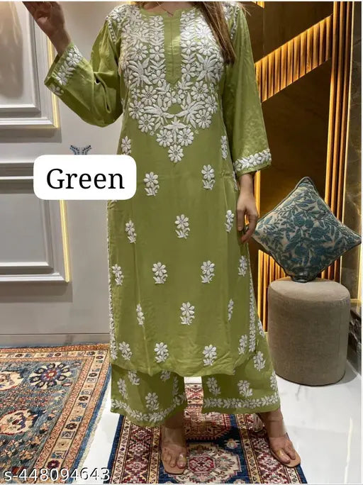 🤍 Grace in Threads – Chikankari Embroidered Kurti with Palazzo Set