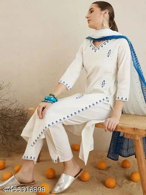 🌸 Ethnic Motifs Embroidered Cotton Kurta Set with Dupatta