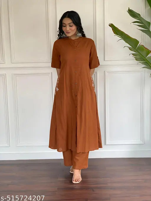 🏷️ Effortless Style – Cotton Kurta Set with Embroidered Pocket & Palazzo