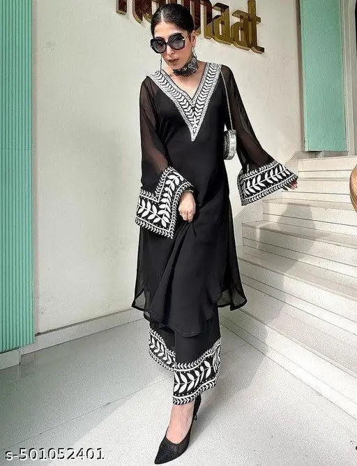 🖤 Noor-e-Kala: Black Embroidered Georgette Kurta & Palazzo Set