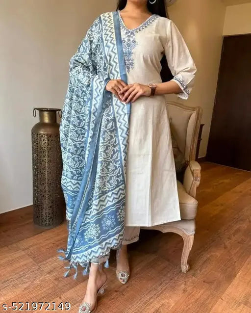 🛍️ Grace in Khadi – Women’s Ethnic Embroidered Top with Pant & Dupatta Set