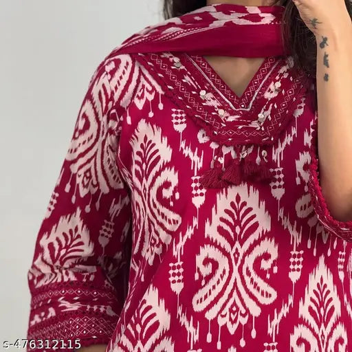 🌸 Women Cotton Printed Kurta Set with Dupatta