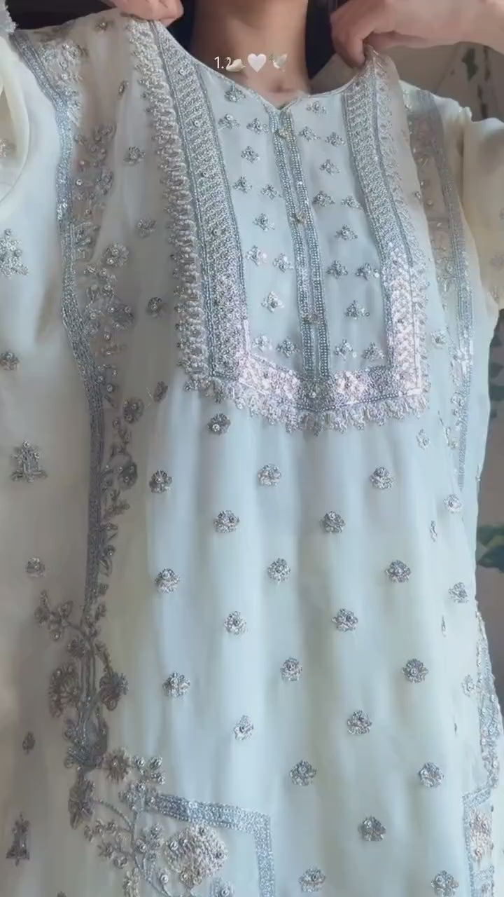 👗  Desirable Fancy Faux Georgette Embroidered Top & Pant Set with Dupatta