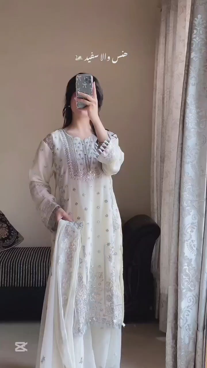 👗  Desirable Fancy Faux Georgette Embroidered Top & Pant Set with Dupatta