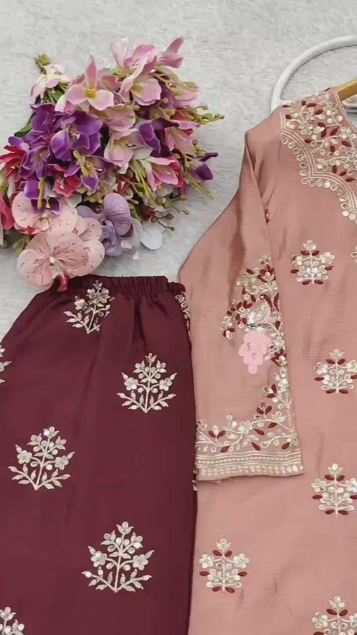 🌟 Shine with Elegance Fully Stitched Pure Chinon Silk Set with Sequence Magic! ✨