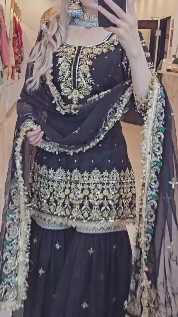 👑 Designer Set – Sharara Palazzo, Embroidered Top & Dupatta
