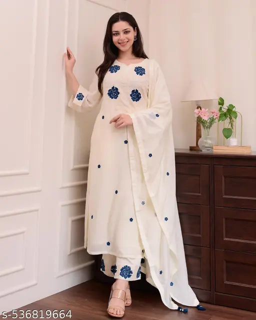 💫 Premium White Cotton Kurta Set with Blue Thread Embroidery