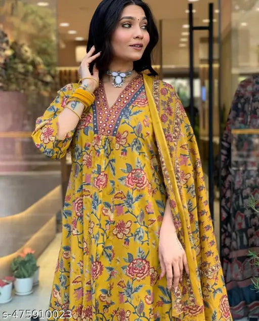 🌼 Sunshine Grace – Yellow Cotton Printed Kurta Set with Plazo & Dupatta