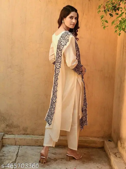 🤍 Viscose Embroidered Yoke Kurta Set – White Elegance with Grace