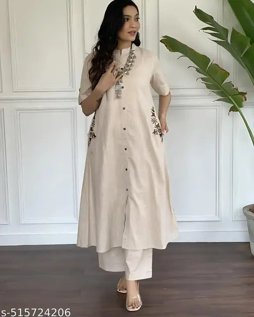 🏷️ Effortless Style – Cotton Kurta Set with Embroidered Pocket & Palazzo