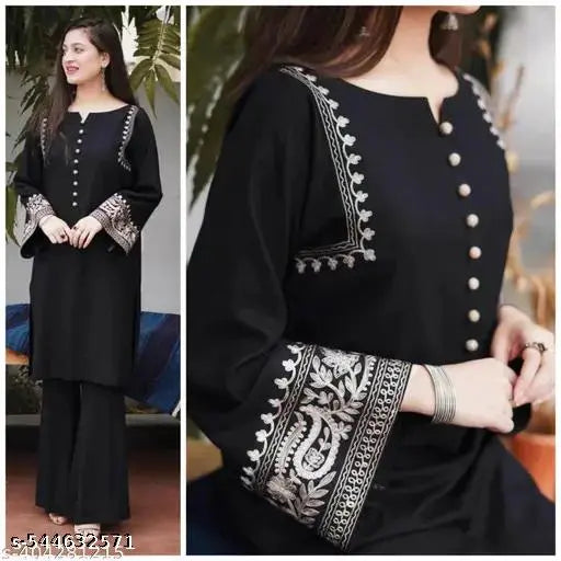 ✨ Grace in Every Thread – Ethnic Motif Embroidered Rayon Kurta & Plazo Set