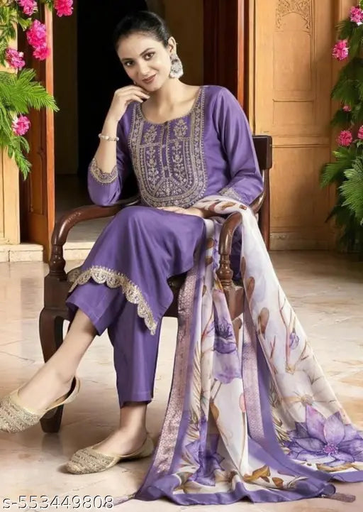 🌸 Lavender Bliss Embroidered Kurta Set with Dupatta – Elegant 3-Piece Ensemble 🌸