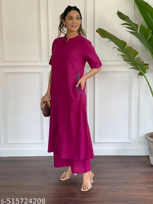 🏷️ Effortless Style – Cotton Kurta Set with Embroidered Pocket & Palazzo