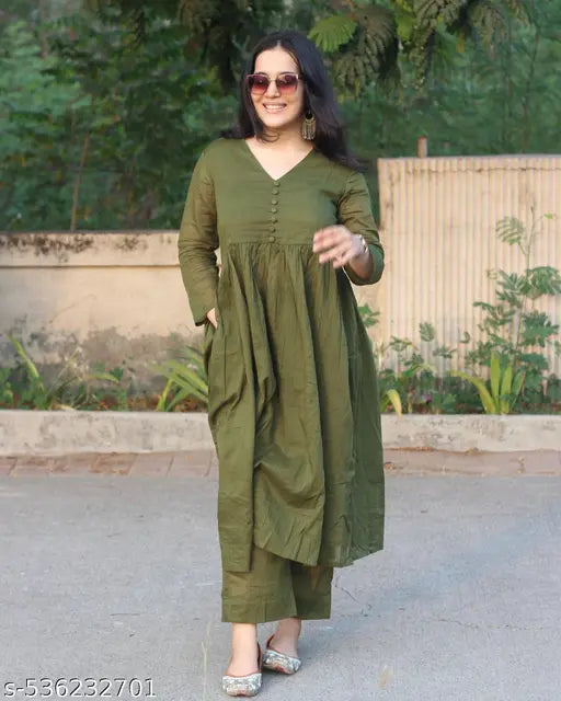 🌿 Olive Green Mul Cotton Kurta Set – Simple, Soft, Stylish!