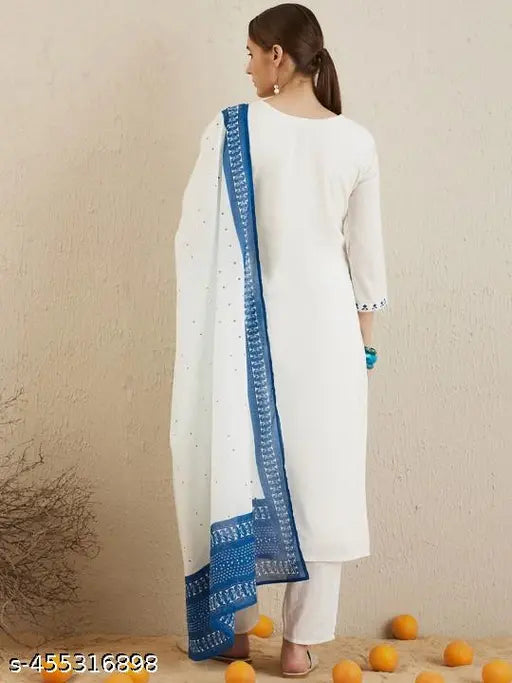 🌸 Ethnic Motifs Embroidered Cotton Kurta Set with Dupatta
