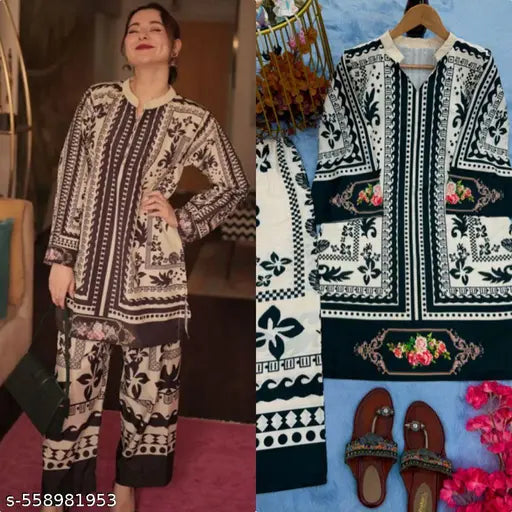 🖤 Elegance Redefined – Pure Crepe Black Digital Print Kurta Set