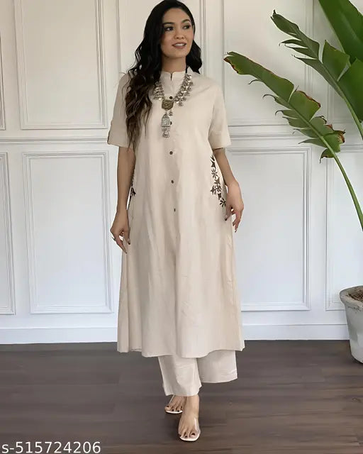 🏷️ Effortless Style – Cotton Kurta Set with Embroidered Pocket & Palazzo