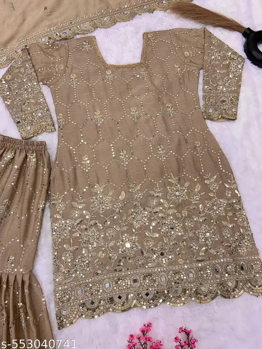 ✨ Royal Charm – Embroidered Chinnon Silk Sharara Suit Set