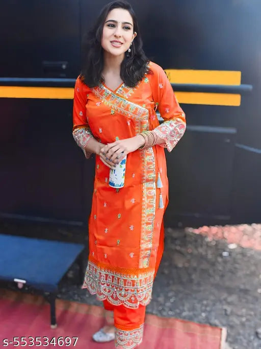 🧡 Regal Radiance – Orange Chanderi Silk Embroidered Kurta Set