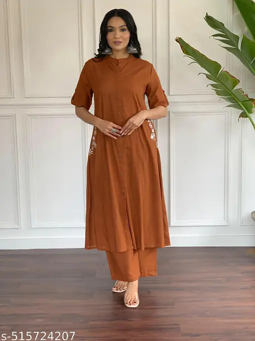 🏷️ Effortless Style – Cotton Kurta Set with Embroidered Pocket & Palazzo