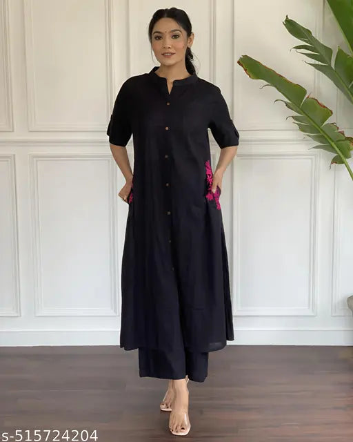 🏷️ Effortless Style – Cotton Kurta Set with Embroidered Pocket & Palazzo