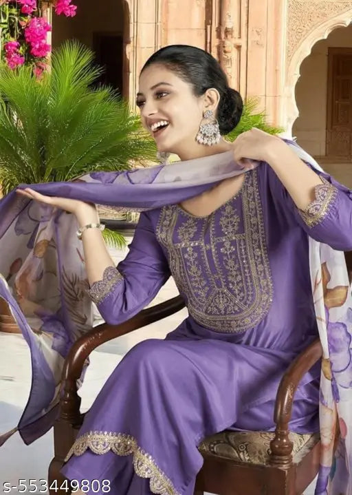 🌸 Lavender Bliss Embroidered Kurta Set with Dupatta – Elegant 3-Piece Ensemble 🌸